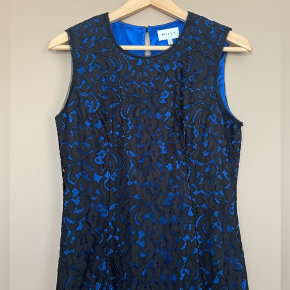{MILLY} Sleeveless Lace Sheath Dress in Black & Blue - Womens 8